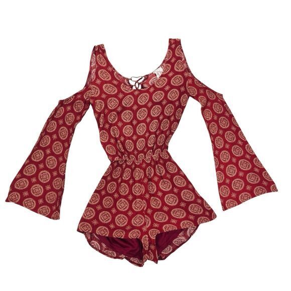 Sadie & Sage Pants - Sadie & Sage Cold Shoulder Bell Sleeve Romper S Burgundy Bohemian Beach Jumpsuit